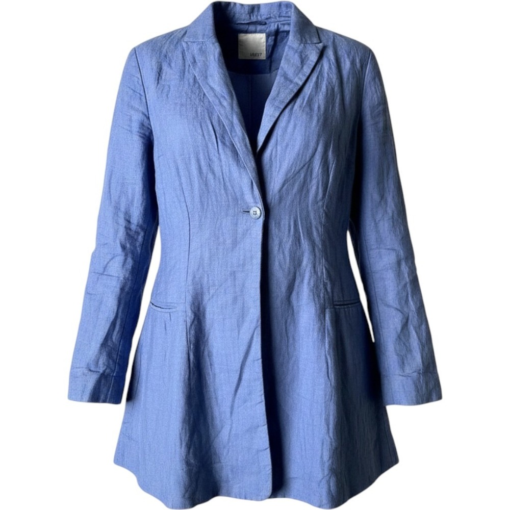 Women's JBNY Designer Fitted One Button Blue‎ Linen Blazer Jacket Size Small